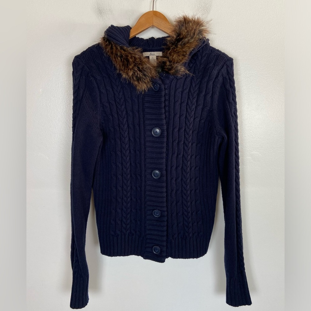 Bass Women's Cable Knit Faux Fur Hooded Cardigan Sweater XL Blue 90s Y2K Bella
